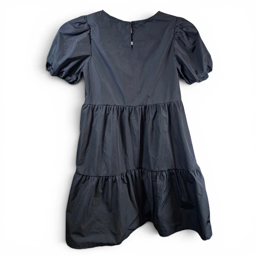 H&M Tiered Dress Kids Size 8 Black Excellent Puff Sleeve Taffeta Texture
